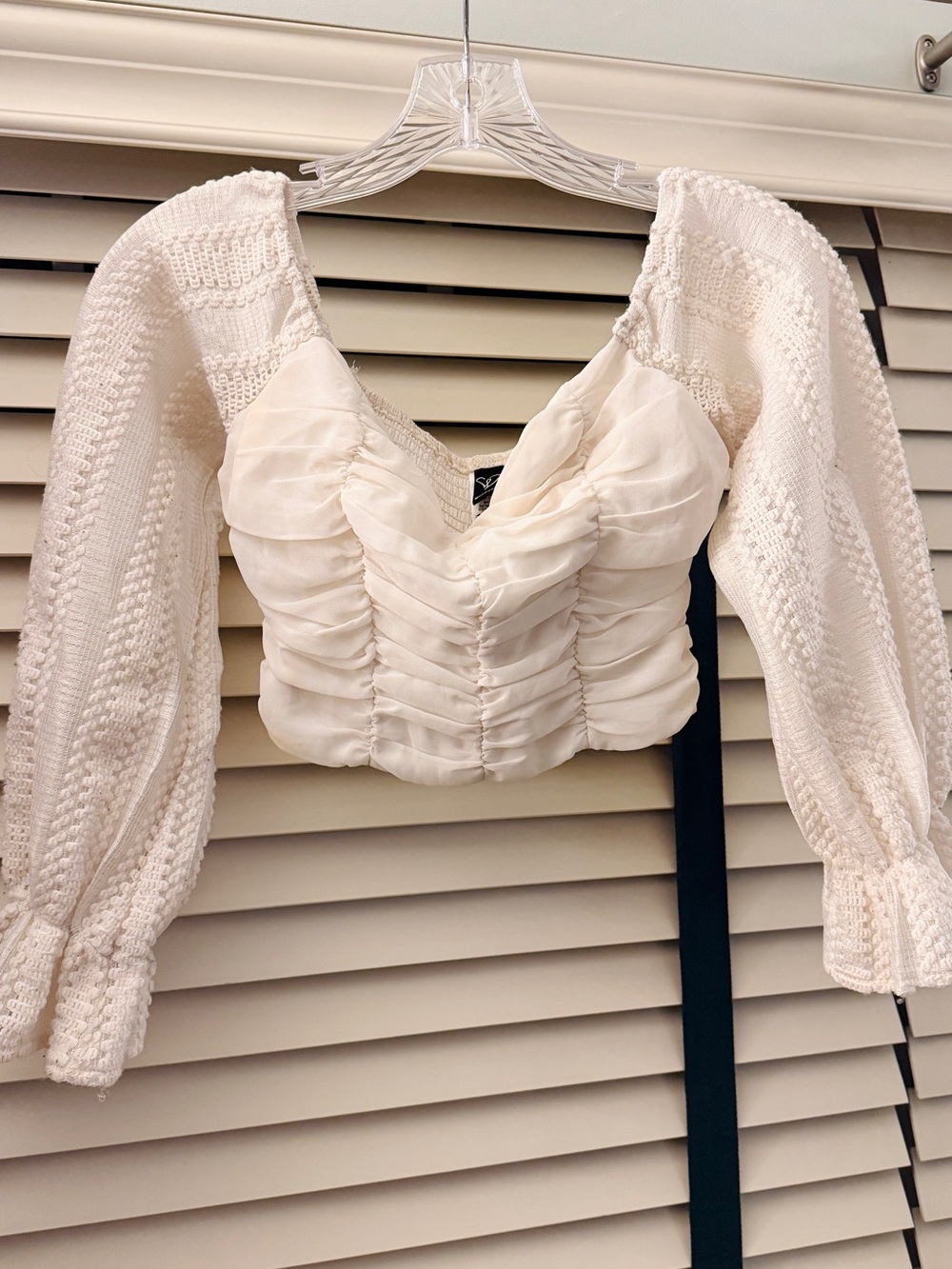 Windsor Cream Ruched Off-Shoulder Puff Sleeve Crop Top